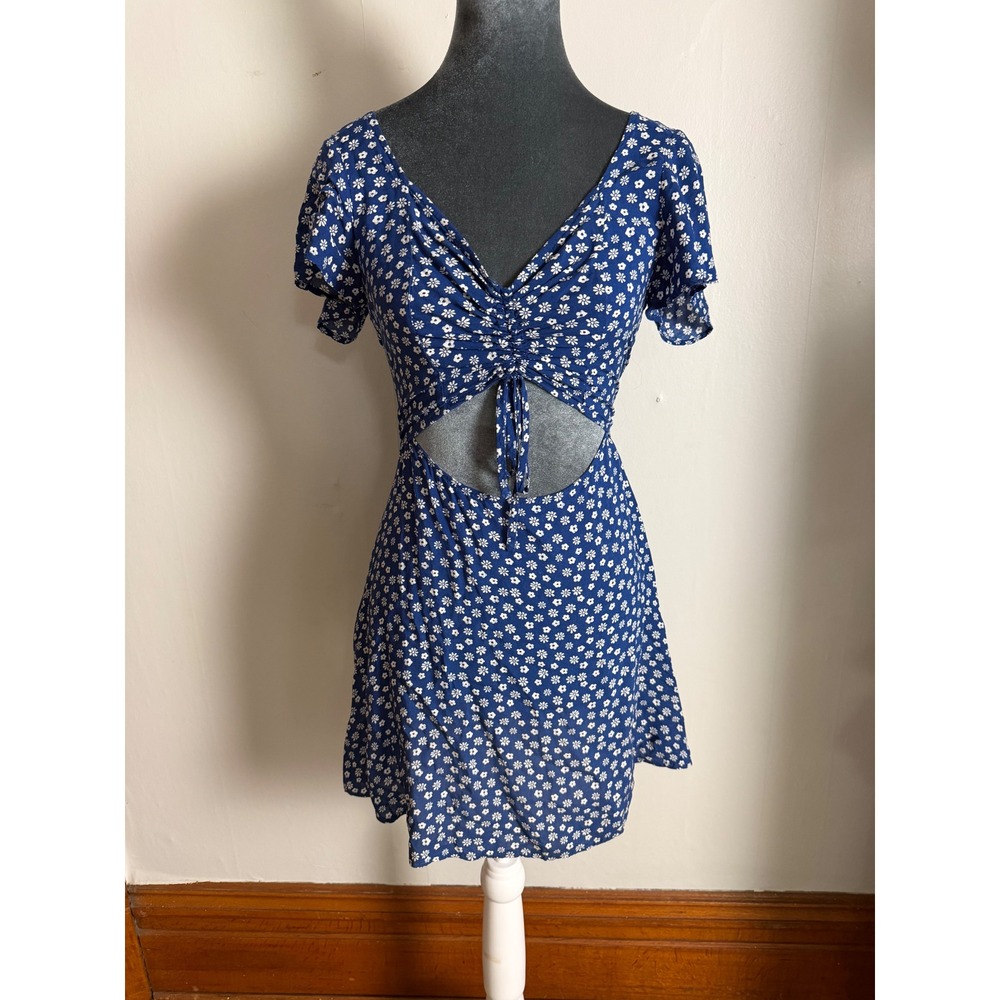 LA Hearts Blue Daisy Floral Cutout Tie Front Mini Dress XS Short Sleeve beachy